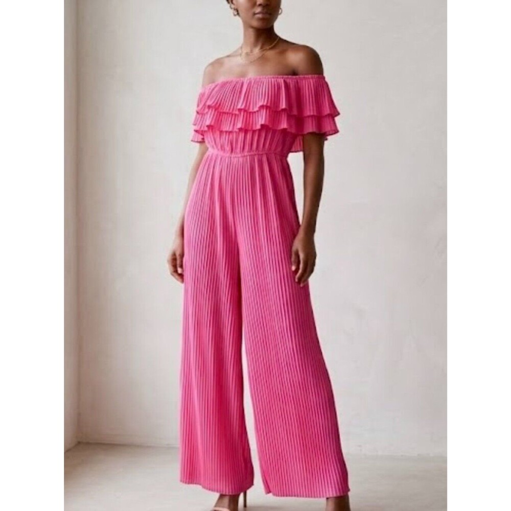 Nasty Gal Hot Pink Pleated Off The Shoulder Ruffle Wide Leg Jumpsuit Womens 10 - Picture 1 of 7